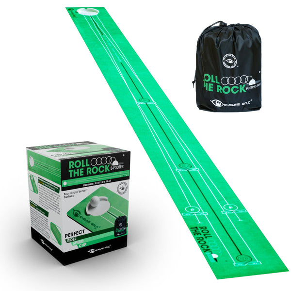 EyeLine Golf Roll The Rock Putting Mat - Have Fun Perfecting Stroke, Alignment, Speed Control, Visualization, Consistency - Outdoor-Indoor-Compact - Rolls Out Flat and Smooth - Built in Training Lines - Golf Gift