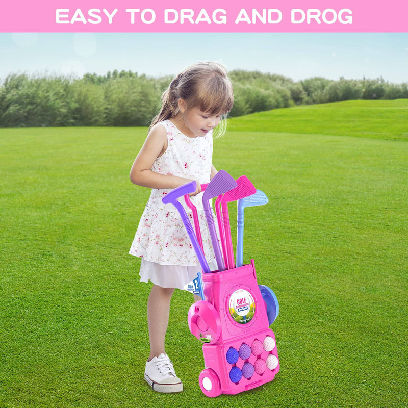 QDRAGON Kids Golf Clubs, Toddler Golf Set With 8 Balls, Putting Mat, 4 Golf Sticks, 2 Practice Holes And Golf Cart With Wheels, Indoor Outdoor Sport Toys Gift For Girls Ages 2 3 4 5+, Pink - Golf Gift