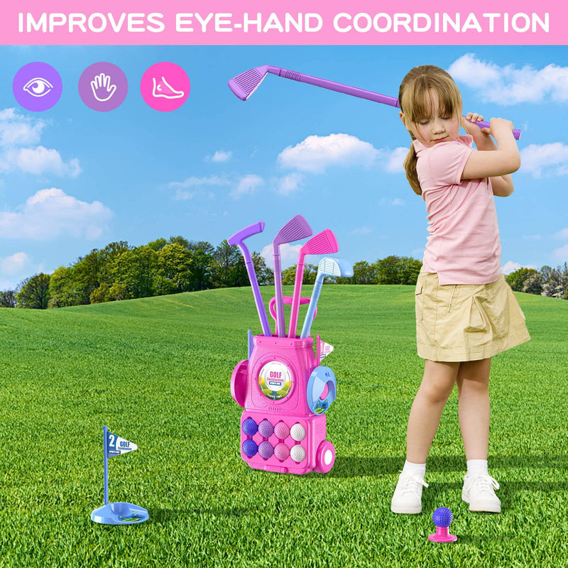 QDRAGON Kids Golf Clubs, Toddler Golf Set With 8 Balls, Putting Mat, 4 Golf Sticks, 2 Practice Holes And Golf Cart With Wheels, Indoor Outdoor Sport Toys Gift For Girls Ages 2 3 4 5+, Pink - Golf Gift