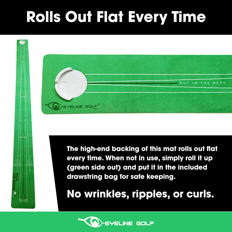 EyeLine Golf Roll The Rock Putting Mat - Have Fun Perfecting Stroke, Alignment, Speed Control, Visualization, Consistency - Outdoor-Indoor-Compact - Rolls Out Flat and Smooth - Built in Training Lines - Golf Gift