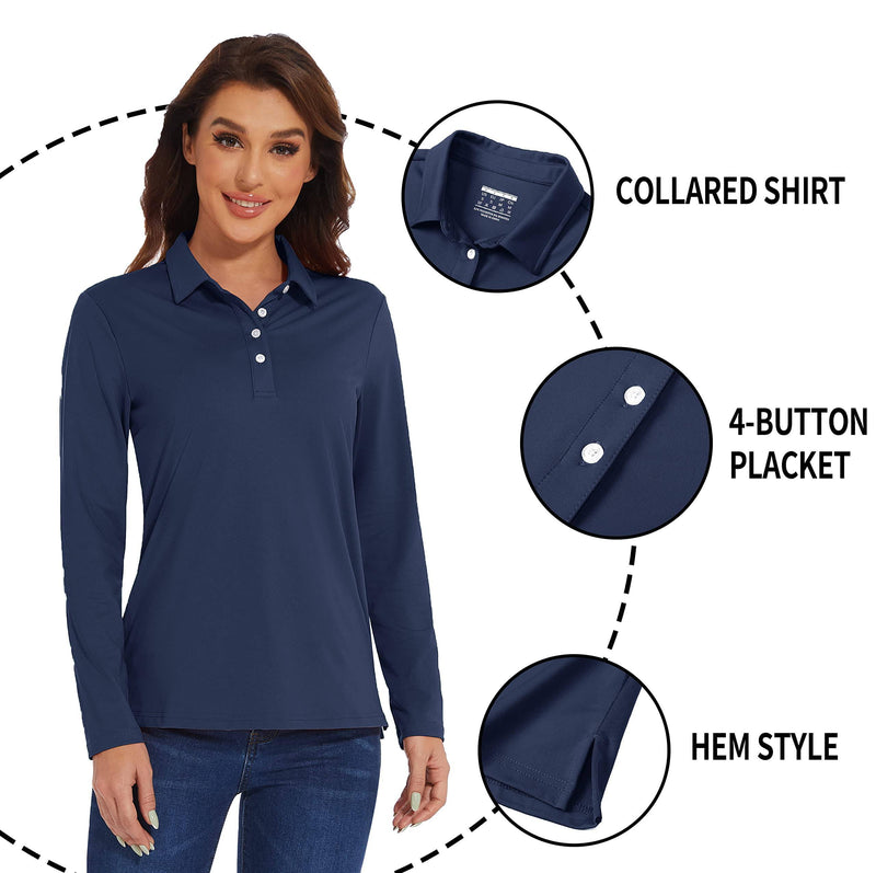 TACVASEN Womens Long Sleeve Tops UV Sun Protection Breathable Polo T-Shirts Lightweight Golf Sports T-Shirts Navy,M - Golf Gift