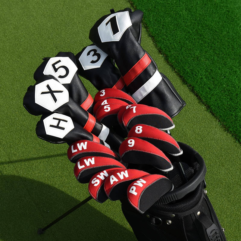 BIG TEETH Golf Iron Club Head Covers Men 12Pcs Set for Right-hand 3-9.PW.AW.SW.LW.LW Neoprene Headcovers Protector with Number Tag Gift (Red&Black) - Golf Gift