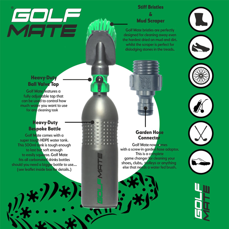 Golf Mate - Ultimate Cleaning Kit for Golf Shoes, Clubs & Outdoor Gear - Easy-to-Use, Garden Hose Compatibility - Heavy-Duty 500ml Bottle, Waterproof Bag & Microfiber Cloth