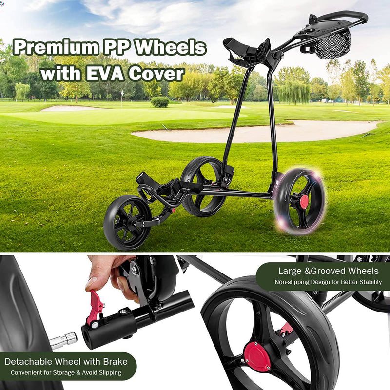 GYMAX Golf Trolley, Folding 3 Wheel Golf Push Cart with Foot Brake, Umbrella & Cup Holder, Adjustable TPR Handle and Mesh Bag, Lightweight Golf Bag Holder - Golf Gift