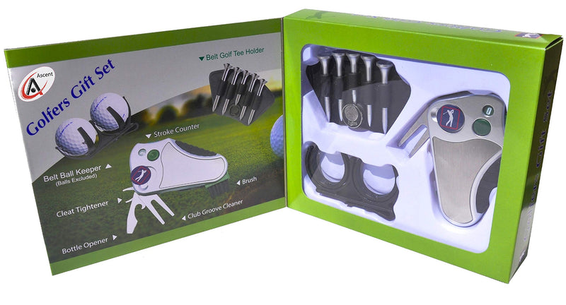 GOLFER’S BEST GOLF GIFT SET: Tool - Stroke Counter, Divot Tool Repair, Brush, Ball Marker, Cleat Tightener, Club Groove Cleaner Belt Tee Holder Tees Belt Ball Holder - Gift Idea For Men Women - Golf Gift