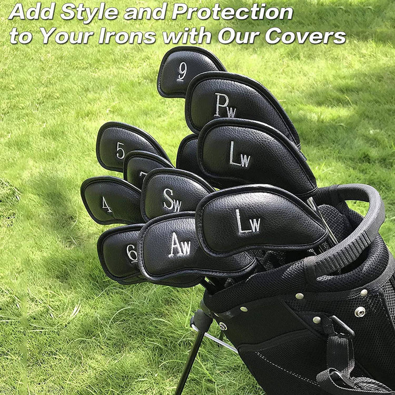 Golf Iron Head Covers Numbers Synthetic Leather Headcover Deluxe Value 12 Pcs Set, Golf Iron Headcovers Protector for Club Mens Protable Fit All Brands (Black) - Golf Gift