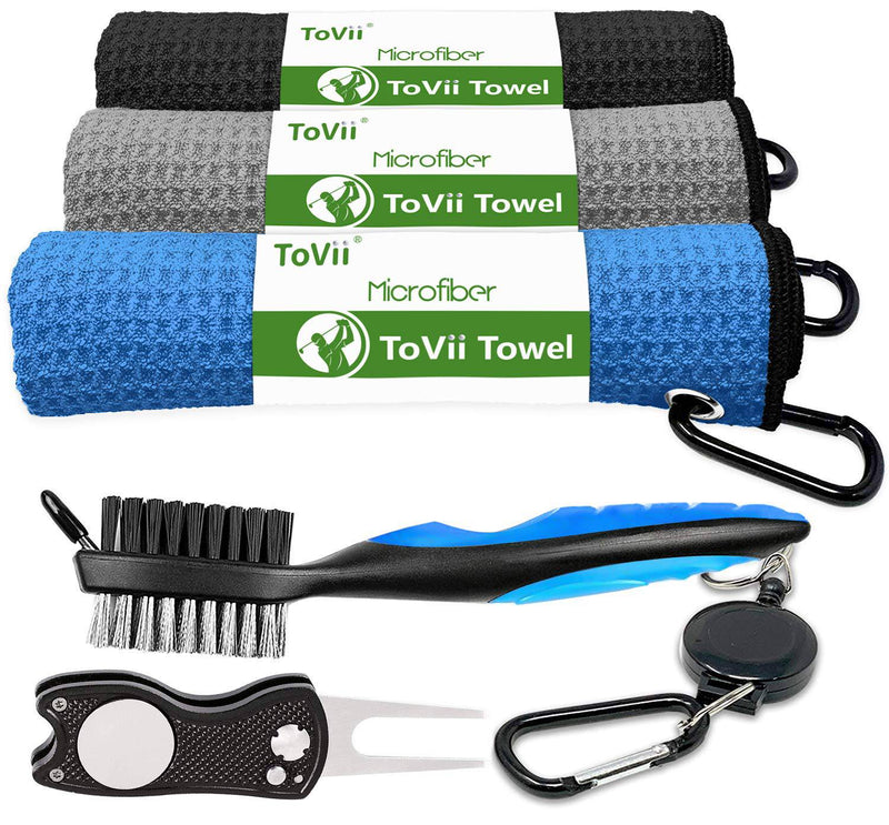 ToVii Golf Towel Microfiber Waffle Pattern Golf Towel | Brush Tool Kit with Club Groove Cleaner | Golf Divot Tool | Golf Accessories for Men - Golf Gift