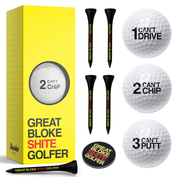 Shanker Golf Balls Gift Set - Shite Golfer Starter Pack - Sleeve of 3 Balls, Ball Marker & Wooden Tees Set - Perfect Funny Gift for Golfers - Funny Rude Horrible Golf Balls Set - Novelty Golf Gift - Golf Gift