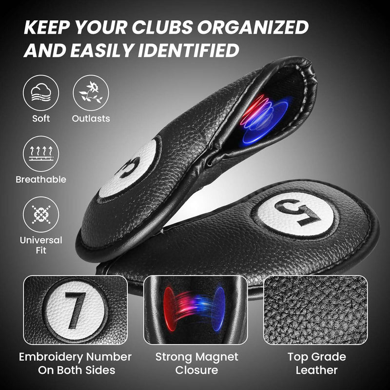 Golf Club Head Covers for Irons Magnetic Closure Value 11 pcs/Set, Double Number Printed Headcovers Deluxe Synthetic Leather Professional Thick Color Black Fit All Iron Clubs (Black) - Golf Gift