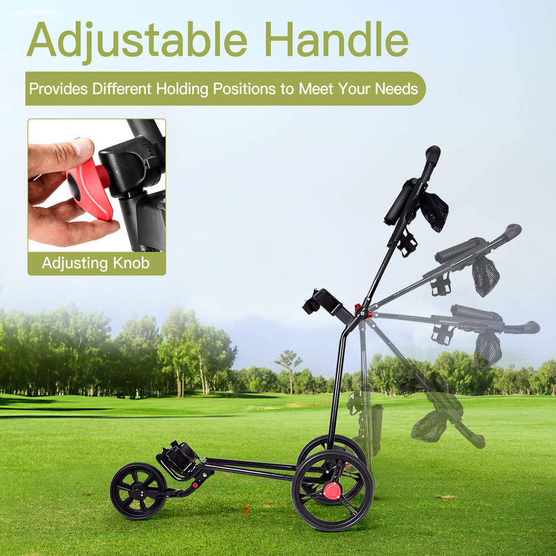 COSTWAY Folding Golf Push Pull Cart, Lightweight 3 Wheels Golfs Trolley with Foot Brake, Umbrella & Cup Holder, Adjustable Handle and Storage Bag - Golf Gift