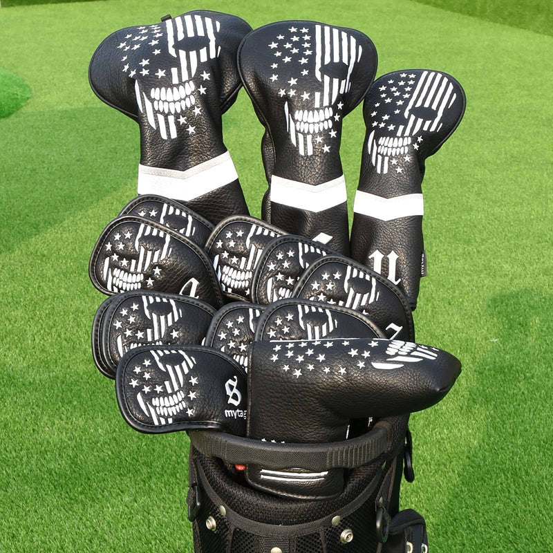 caiobob mytag Golf Skull Skeleton Head Cover Golf Club Black Leather Headcovers Set Fits Driver Fairway Wood Hybrid (1pc Driver Cover) - Golf Gift