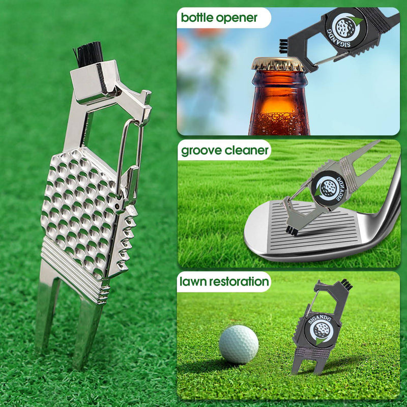 SIGANDG Unisex's 7-in-1 Divot Repair Tool Zinc alloy golf ball fork With magnetic ball mark A variety of functions golf green fork(black) - Golf Gift