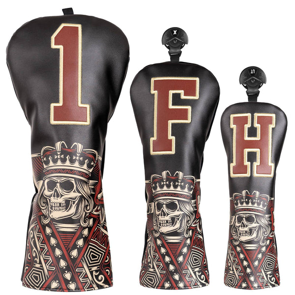 Golf Club Head covers Wood Set 3 PACKS 1FH DR FW UT for Driver Fairway Hybrid with No.Tag Elastic Closure Black PU Leather Skeleton King - Golf Gift