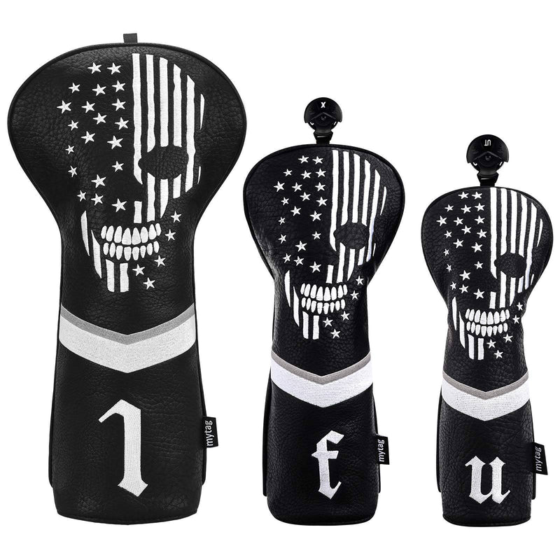 caiobob mytag Golf Skull Skeleton Head Cover Golf Club Black Leather Headcovers Set Fits Driver Fairway Wood Hybrid (1pc Driver Cover) - Golf Gift