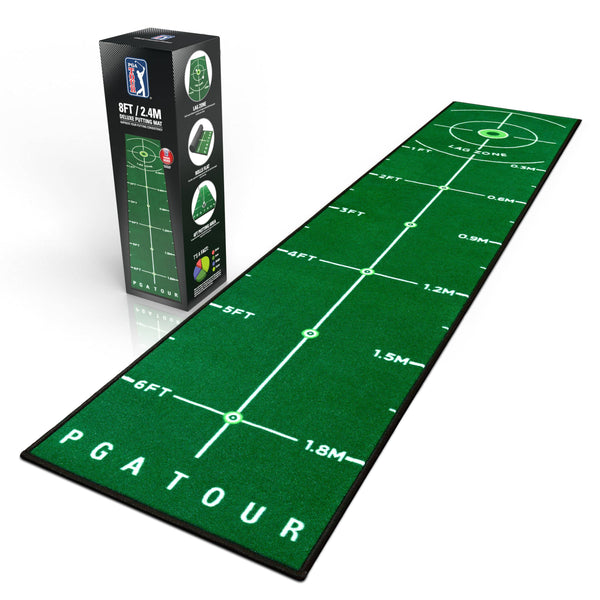 PGA Tour 8ft Deluxe Golf Putting Mat for Indoor Golf, Golf Mat with Training Guidelines, Full Size Hole Target, 6ft Putting Area, Green, Portable Carry Bag Included - Golf Gift