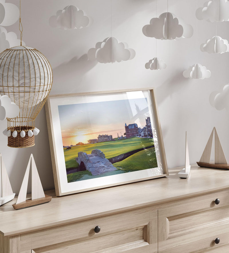 Lithobee - Swilcan Bridge Old Course At Sunrise St Andrews - Printed Wall Art Design in Sizes A2, A3 & A4 Framed in a Stylish Quality Coloured Frame or Unframed (A4 White Saw Cut Grain Frame) - Golf Gift