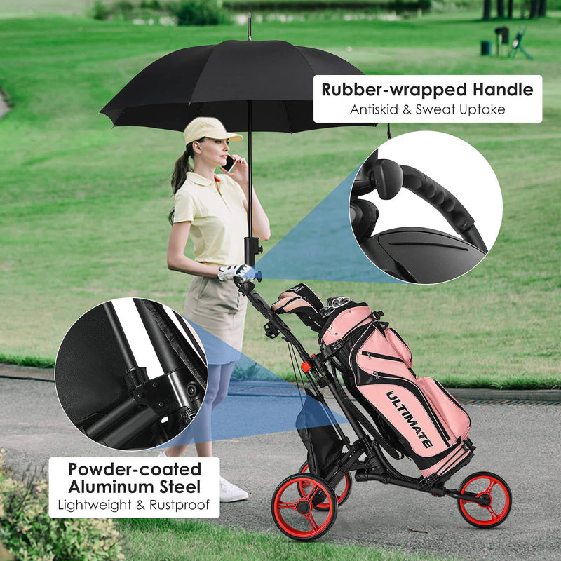 GYMAX 3 Wheels Golf Push Pull Cart, Lightweight Height Adjustable Golf Trolley with Storage Bag, Foot Brake, Umbrella Holder and Built-in Cooler, Foldable Golf Bag Holder (Red) - Golf Gift