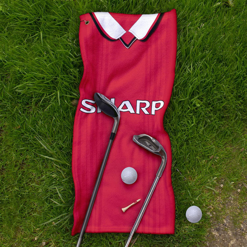 L&S PRINTS BRITISH MADE GIFTS Personalised Manchester Red Retro Football Microfibre Golf Towel - 1999 Home Fan Gift, 90's Memorabilia (unofficial) - Golf Gift