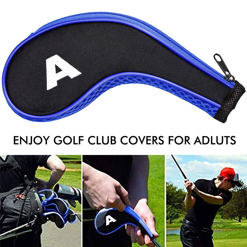 HAOSEA 12Pcs Golf Iron Head Cover,Printing Irons Head Covers Set Club Heads Protector Wedge Head covers with Zip (Black+Blue) - Golf Gift