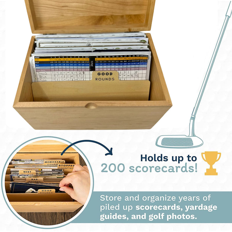 Golf Scorecard Collection Box - Holds Scorecards, Photos, Keepsakes, Yardage Books | Golf Storage Box with 5 Dividers to Organize and Display Golf Score Cards and Accessories Perfect Unique Golf Gift - Golf Gift