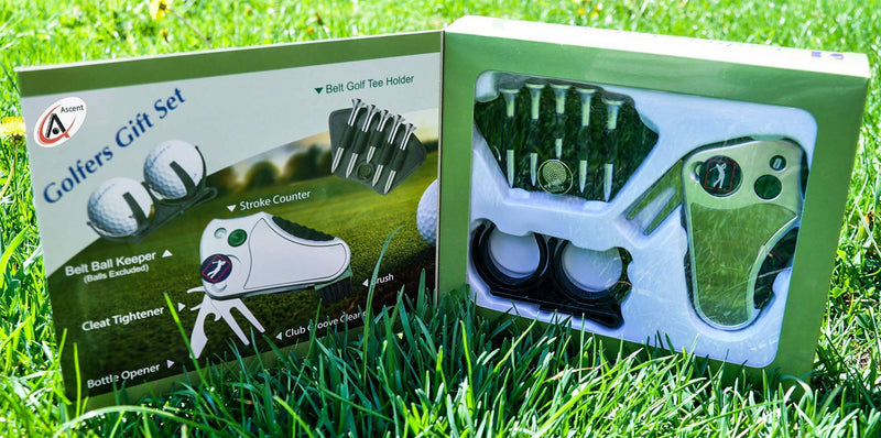 GOLFER’S BEST GOLF GIFT SET: Tool - Stroke Counter, Divot Tool Repair, Brush, Ball Marker, Cleat Tightener, Club Groove Cleaner Belt Tee Holder Tees Belt Ball Holder - Gift Idea For Men Women - Golf Gift