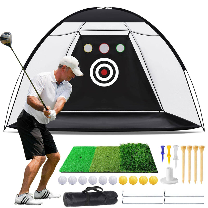 10x7ft Golf Practice Net, Golf Nets for Backyard Driving with Triple Turf Golf Mat, Outdoor Indoor Golf Hitting Net with 10 Practice Golf Balls, Multiple Targets Golf Training Aid Net Accessories - Golf Gift