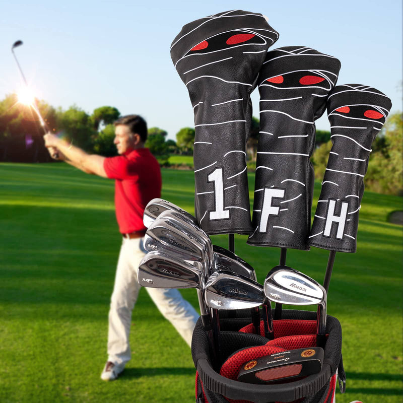 Golf Club Head covers Hybrid Utility Rescue with Interchangeable Number Tag 23456 UT Black PU Leather Mummy Design Elastic Closure - Golf Gift