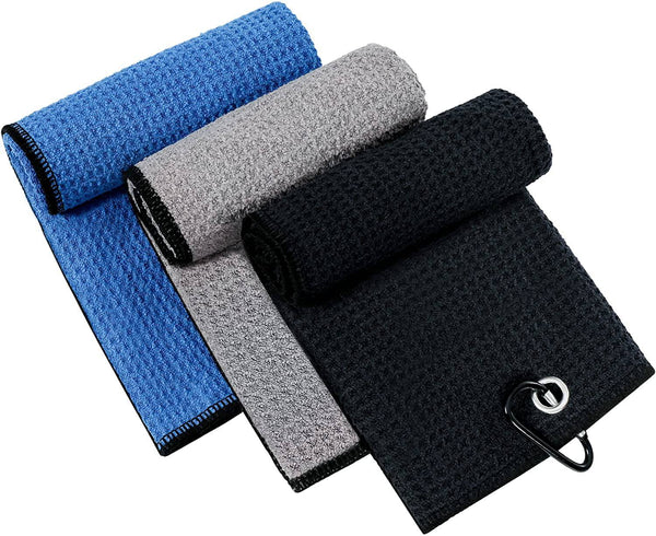 KCDMBUE Golf Towels,3 Pack Tri-fold Golf Towel for Golf Bags with Carabiner Clip, Premium Microfiber Waffle Pattern Golf Towel for Men Women (Black/Gray/Blue) - Golf Gift