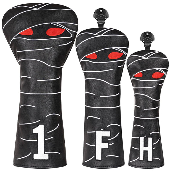 Golf Club Head covers Wood Set 3 PACKS 1FH DR FW UT for Driver Fairway Hybrid with No.Tag Black PU Leather Mummy Design Elastic Closure - Golf Gift