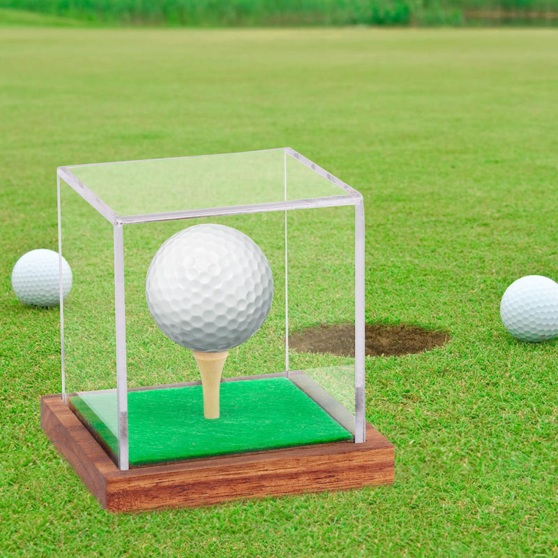 Hooqict Golf Ball Display Case Clear Acrylic Golf Ball Memorabilia Display Case with Wood Base and Grass Pad Ball Holder Stand Display Cube Single Golf Collection Box - Golf Gift