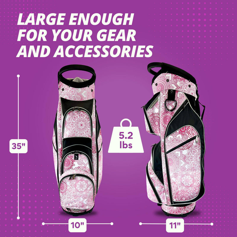 Womens Golf Bag - Taboo Fashions Lightweight Ladies Cart Bag, 14-Way, 7 Zippered Pockets, Rain Hood, Insulated Beverage Compartment (Pink Mandala) - Golf Gift