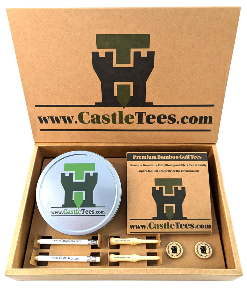 Castle Tees Original Golf Gift Presentation Box Set – 130 pcs Mixed Sizes/Colours Premium Bamboo Golf Tees with a Handy Storage Tin, Pitch Repair Tools, Ball Markers & Pencils. Amazing Golf Gift