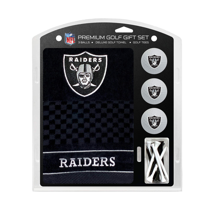 Team Golf NFL Las Vegas Raiders Embroidered Golf Towel, 3 Golf Ball, and Golf Tee Set Gift Set Embroidered Golf Towel, 3 Golf Balls, and 14 Golf Tees 2-3/4" Regulation, Tri-Fold Towel 16" x 22" & 100% - Golf Gift