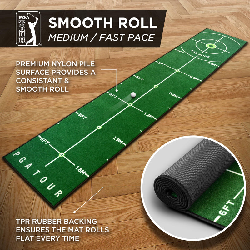 PGA Tour 8ft Deluxe Golf Putting Mat for Indoor Golf, Golf Mat with Training Guidelines, Full Size Hole Target, 6ft Putting Area, Green, Portable Carry Bag Included - Golf Gift