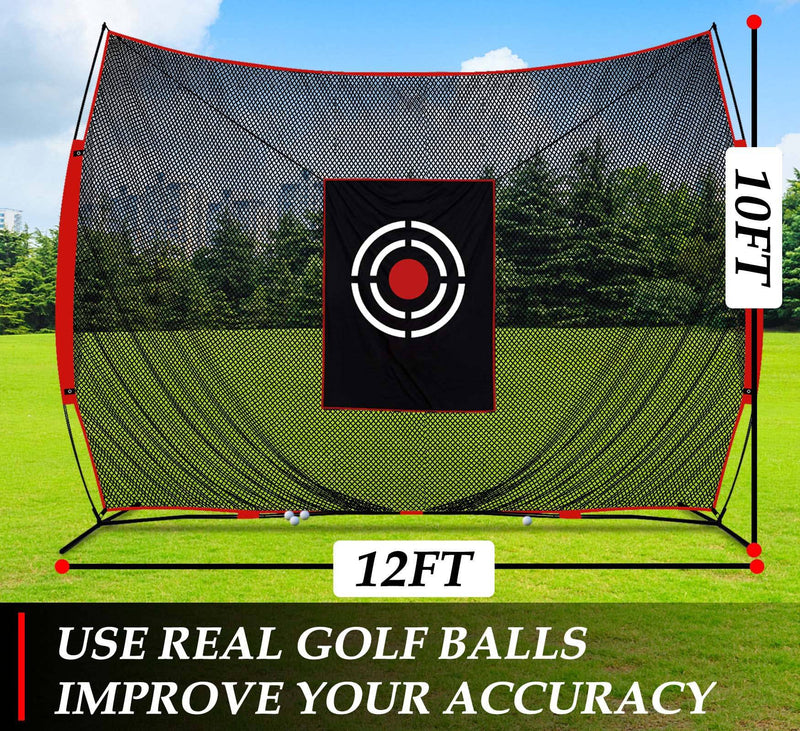 Golf Practice Hitting Nets for Backyard Driving Indoor Use Heavy Duty Practice Golf Driving Pitching Nets for Backyard Premium Portable Golfing Ball Netting Cages with Frame and Target 12X10 FT - Golf Gift