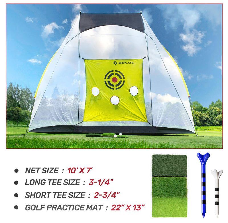 SAPLIZE Large Golf Practice Net, Ultra-Stable Golf Nets for Backyard Driving, Noise-Reducing Target Cloth, 10x7ft Golf Hitting Net with Tri-turf Golf Mat for Indoor Outdoor - Golf Gift