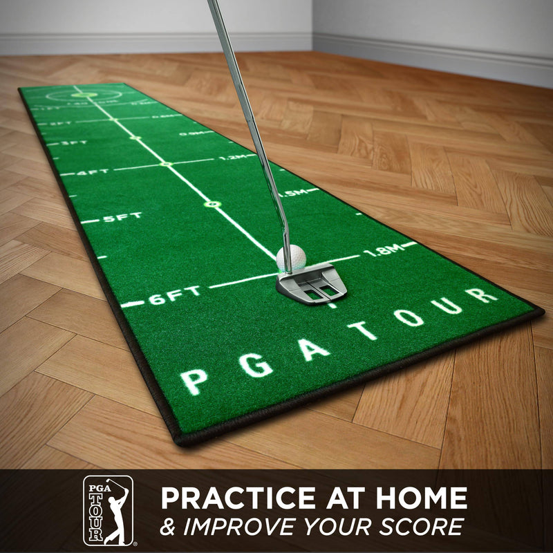 PGA Tour 8ft Deluxe Golf Putting Mat for Indoor Golf, Golf Mat with Training Guidelines, Full Size Hole Target, 6ft Putting Area, Green, Portable Carry Bag Included - Golf Gift