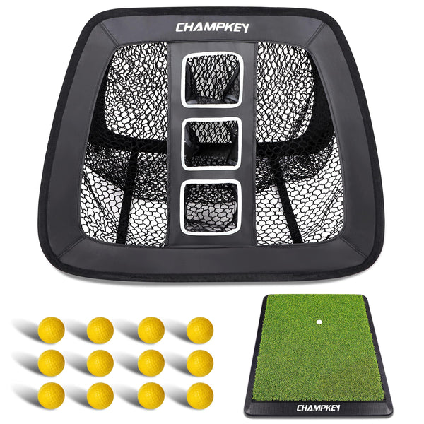 CHAMPKEY Double Sided Golf Chipping Net with Golf Hitting Mat | Come with 12 Foam Golf Balls | 5 Ply-Knotless Netting Chipping Net and Heavy Duty Rubber Backing Hitting Mat Ideal for Training - Golf Gift