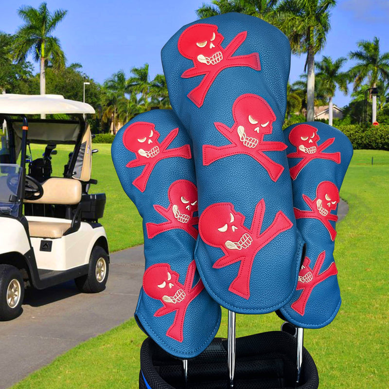 Yamato Golf Head Covers Set Skull & T'S Emblem Golf Club Covers For Driver Fairway Wood Hybrid Golf Headcovers Fit All Brand Golf Clubs - 3 Pack - Golf Gift