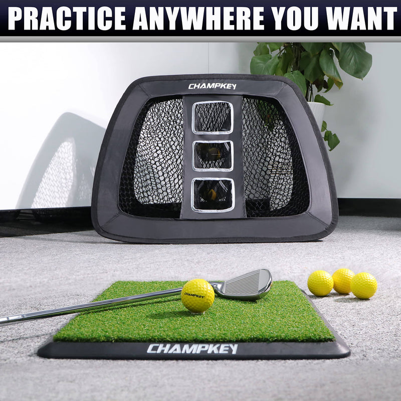 CHAMPKEY Double Sided Golf Chipping Net with Golf Hitting Mat | Come with 12 Foam Golf Balls | 5 Ply-Knotless Netting Chipping Net and Heavy Duty Rubber Backing Hitting Mat Ideal for Training - Golf Gift