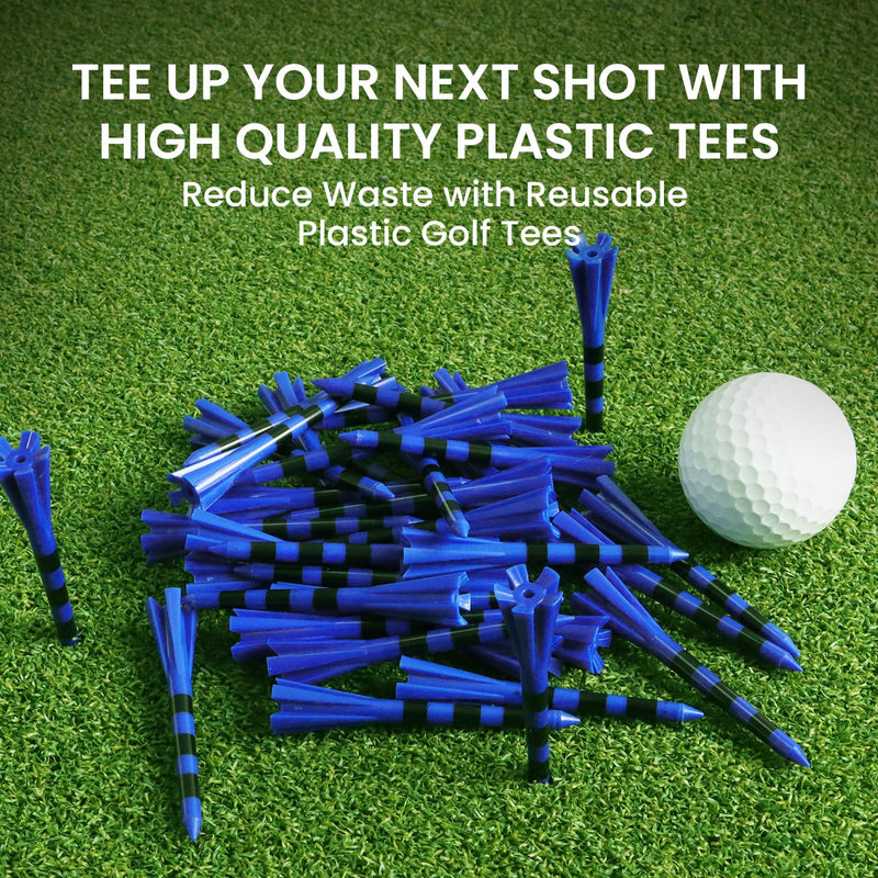 FINGER TEN Golf Tees Plastic Unbreakable 2 3/4 3 1/4 Inch Value 50 Count, 83mm 70mm Tee Durable Pro Upgrade Step Up Long Premium Color White Blue Orange Green Mixed (Blue&Black,70mm) - Golf Gift