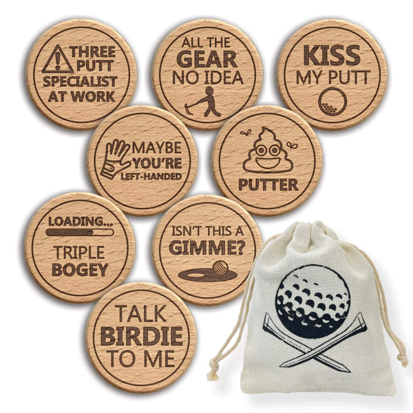 Funny Golf Ball Markers | Set of 8 Novelty Wooden Engraved Markers + Drawsting Bag | Joke Golf Accessories For The Putting Green | Gift For Bad Putters | Golf Day Competition/Tournament Prize - Golf Gift