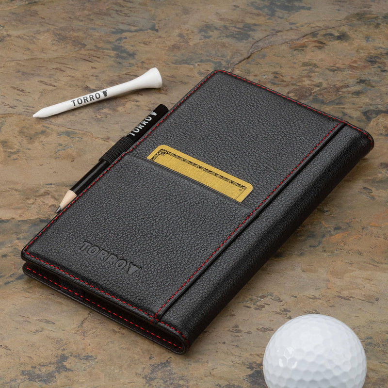 TORRO Golf Scorecard Holder – Genuine Leather Golf Scorecard Holder with Card Slot and Pencil Loop - Gift for Golfers (Black with Red Detail) - Golf Gift