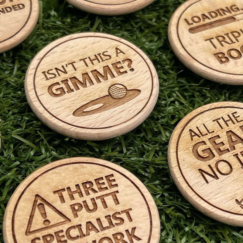 Funny Golf Ball Markers | Set of 8 Novelty Wooden Engraved Markers + Drawsting Bag | Joke Golf Accessories For The Putting Green | Gift For Bad Putters | Golf Day Competition/Tournament Prize - Golf Gift