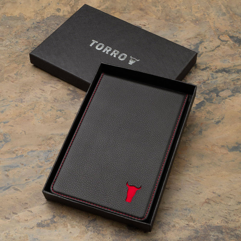 TORRO Golf Scorecard and Yardage Book Holder – Genuine Leather Golf Score Card and Yardage Wallet with Pencil Loop (Black with Red Detail) - Golf Gift