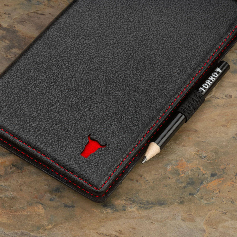 TORRO Golf Scorecard Holder – Genuine Leather Golf Scorecard Holder with Card Slot and Pencil Loop - Gift for Golfers (Black with Red Detail) - Golf Gift