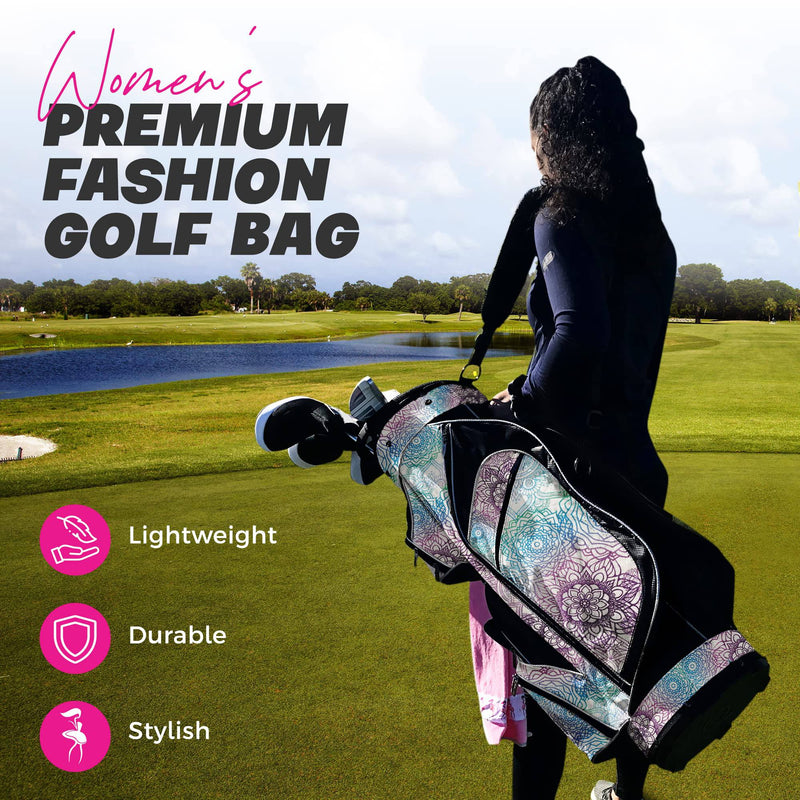 Womens Golf Bag - Taboo Fashions Lightweight Ladies Cart Bag, 14-Way, 7 Zippered Pockets, Rain Hood, Insulated Beverage Compartment (Mandala Dreams) - Golf Gift