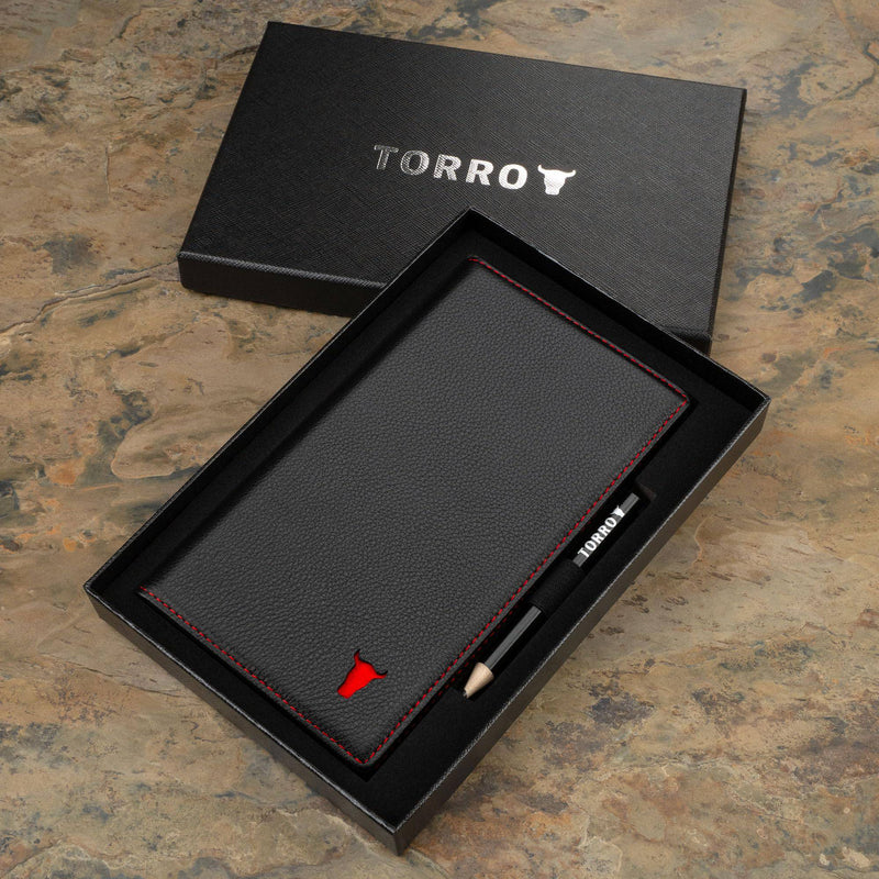 TORRO Golf Scorecard Holder – Genuine Leather Golf Scorecard Holder with Card Slot and Pencil Loop - Gift for Golfers (Black with Red Detail) - Golf Gift