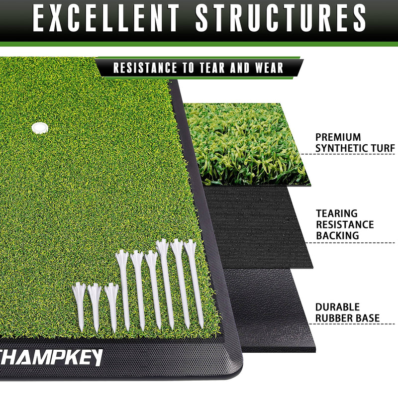 CHAMPKEY Premium Synthetic Turf Golf Hitting Mat | Heavy Duty Rubber Base Golf Practice Mat | Come with 1 Rubber Tee and 9 Plastic Tees - Golf Gift