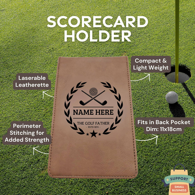 Golf Guy Gifts Golf Scorecard Holder (10 Fun Options) Add Golfers Name & Year! | Grey or Brown Leather | Perfect Golf Gift | Fathers Day, Birthday Present (BIRDIE BOSS, Brown) - Golf Gift